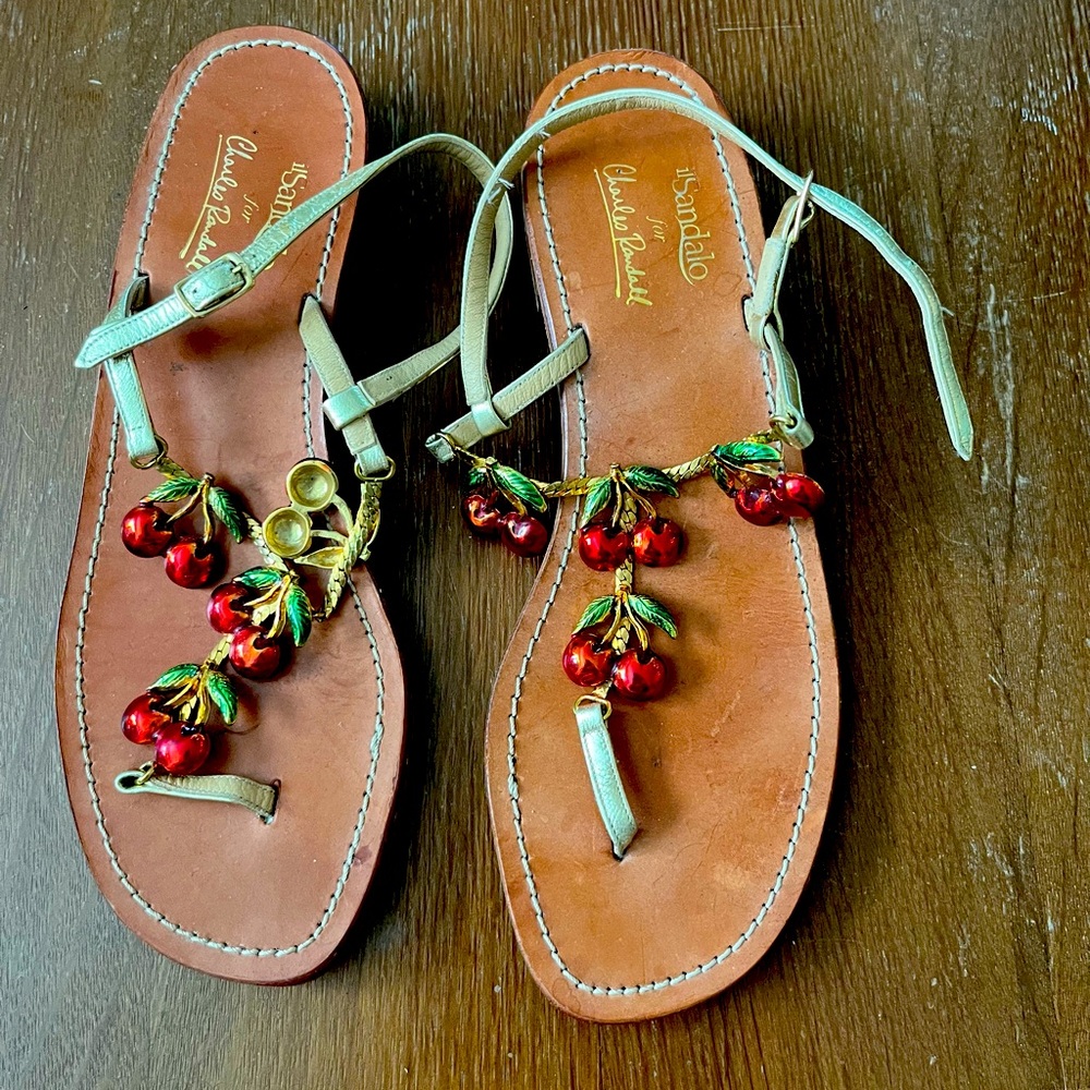 Cherry Embellished Leather Sandals - Beige Straps
